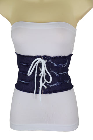 Brand New Women Wide Tie Corset Dark Blue Denim Jeans Fabric Fashion Belt S