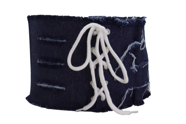 Brand New Women Wide Tie Corset Dark Blue Denim Jeans Fabric Fashion Belt S
