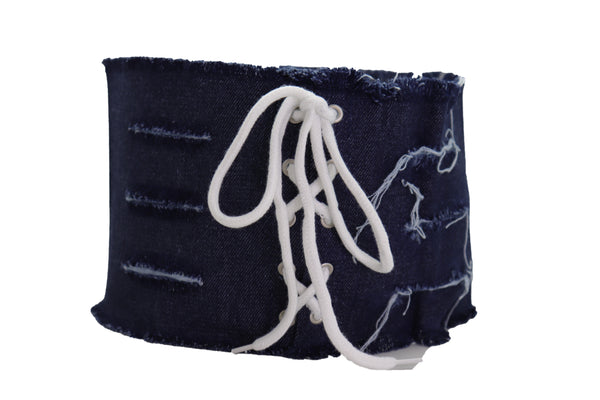 Brand New Women Wide Tie Corset Dark Blue Denim Jeans Fabric Fashion Belt S