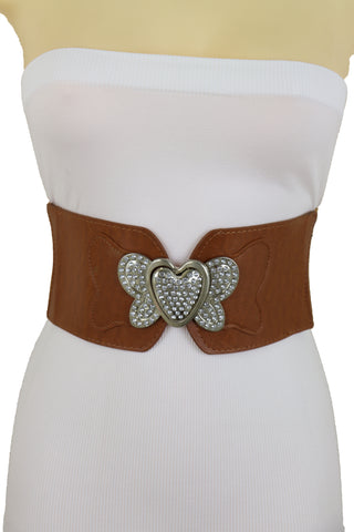 Brand New Women Wide Brown Faux Leather Wide Fashion Belt Silver Metal Heart Buckle Butterfly S M