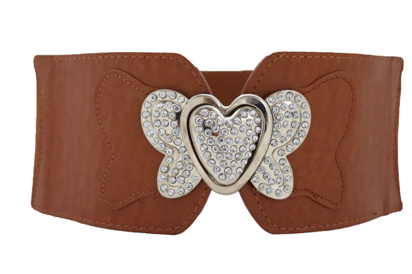 Brand New Women Wide Brown Faux Leather Wide Fashion Belt Silver Metal Heart Buckle Butterfly S M